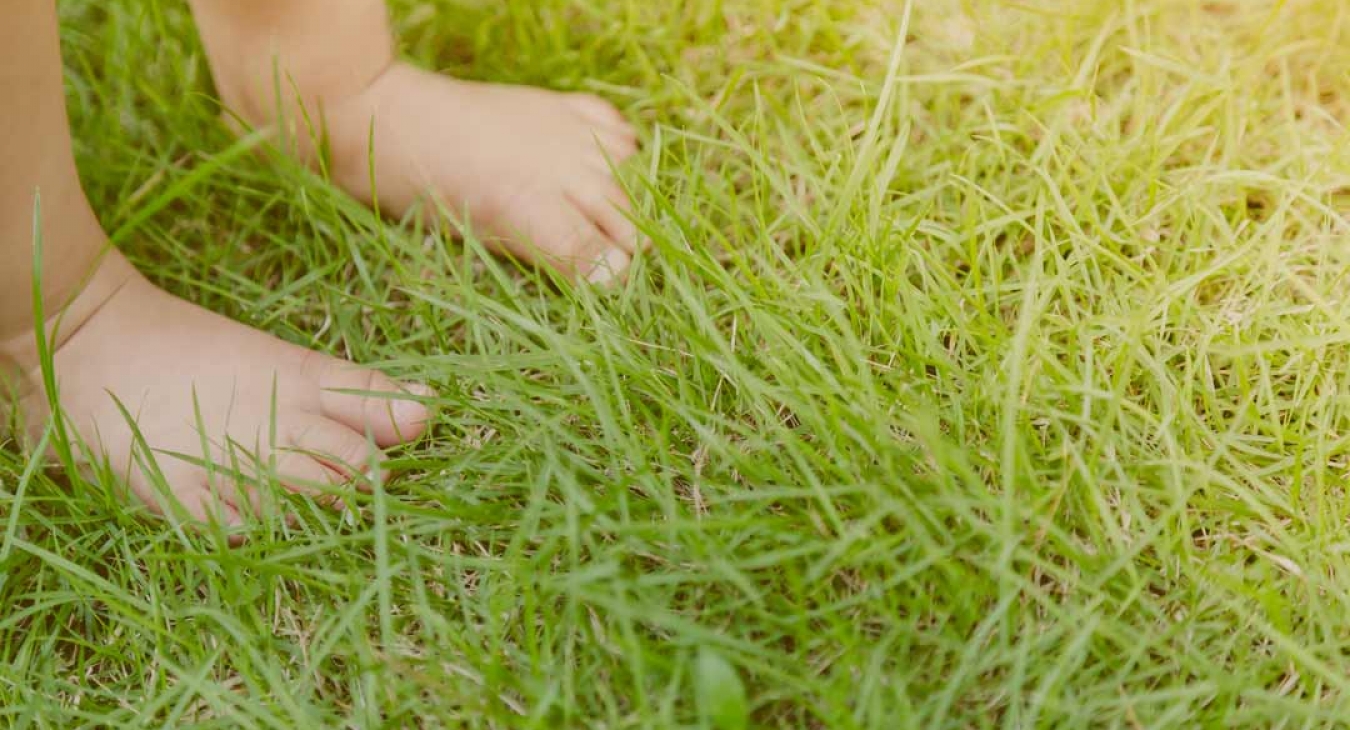 Child barefoot in grass near playground